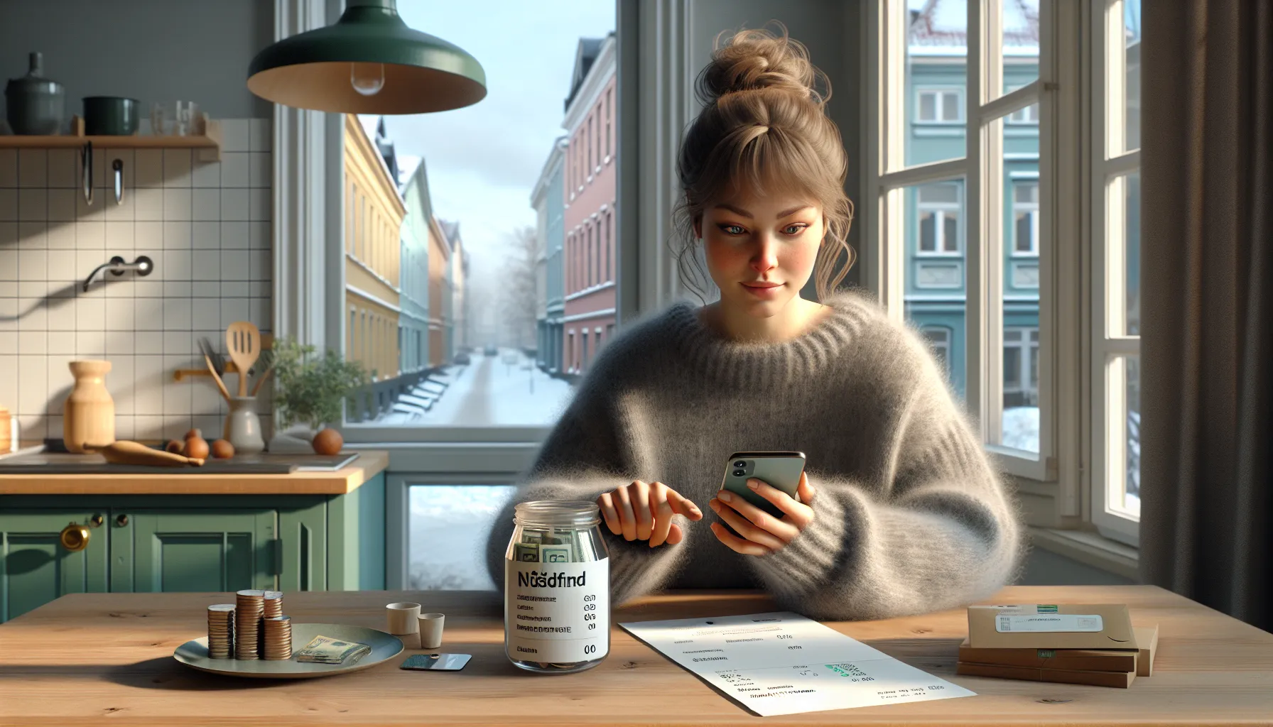 Hvordan bygge en nødfond for uforutsette utgifter 2 Norwegian adult adds money to a 'nødfond' savings account on phone.