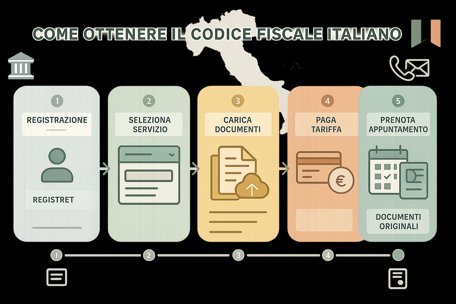 Infografica passo-passo che mostra il processo online del consolato per ottenere il codice fiscale italiano.