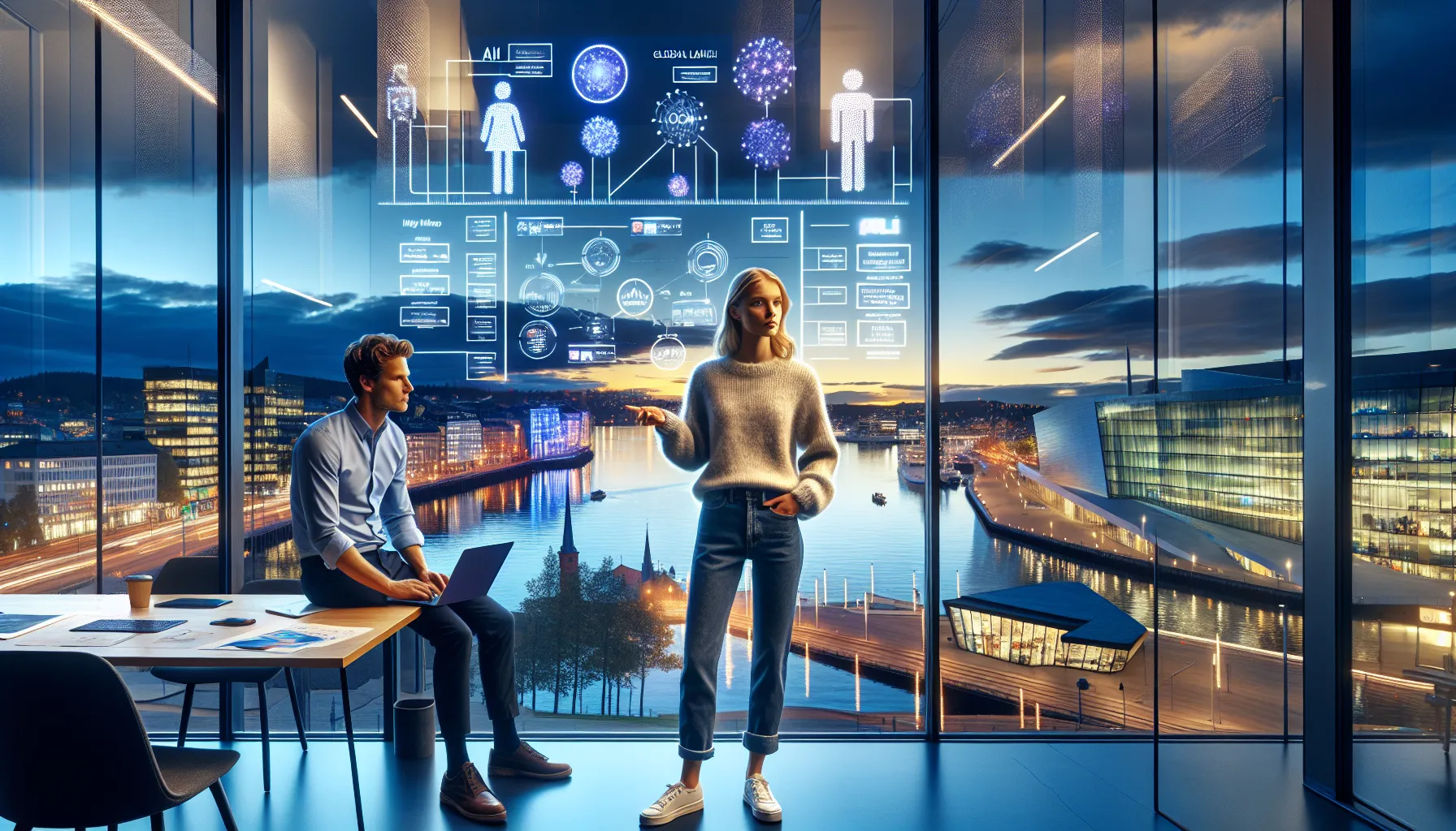 De mest innovative ai-startups i norge: hva vi kan lære av dem 2 Young ai founders in an oslo office planning globally focused norwegian ai startups.