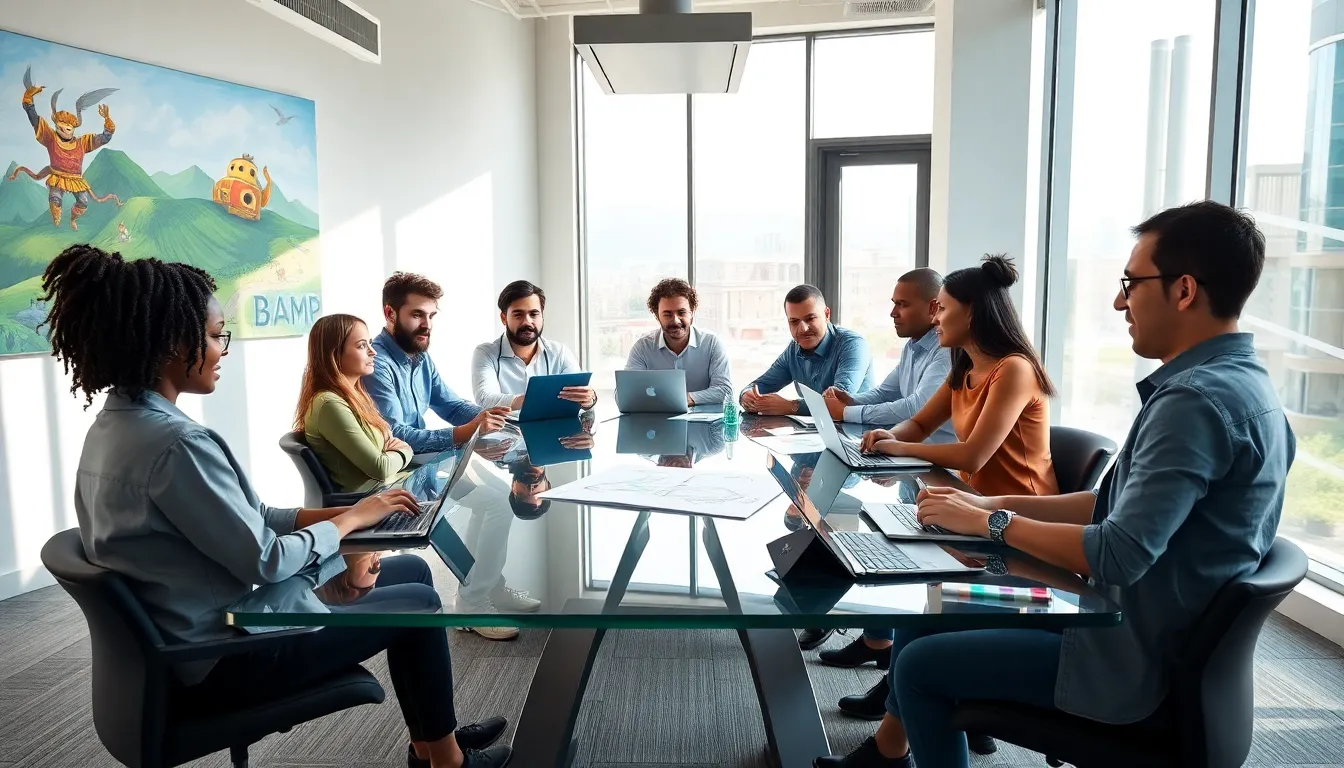 diverse team collaborating in a modern game development office.