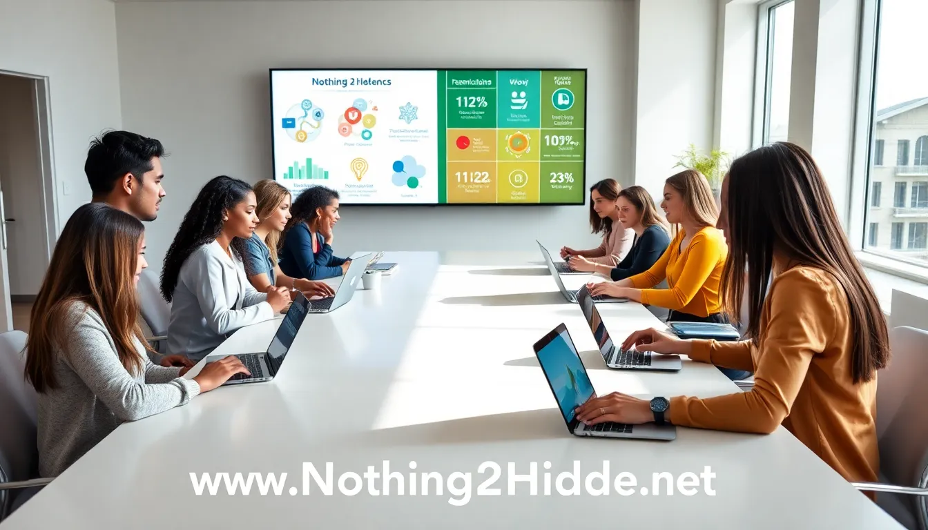 diverse group discussing information in a modern office setting.