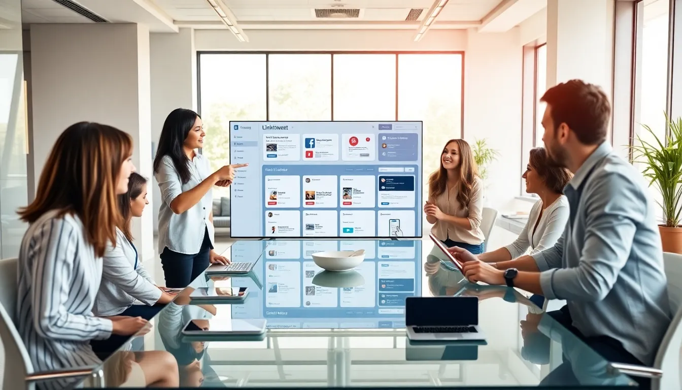 a diverse team collaborating around LinkinSweet's digital interface in a modern office.