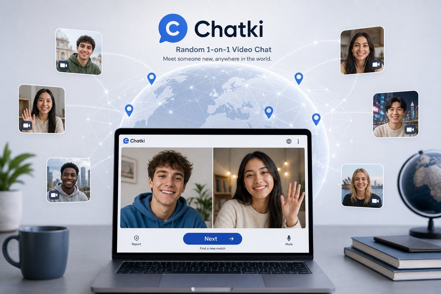 Laptop showing random video chat interface over a subtle global network background.