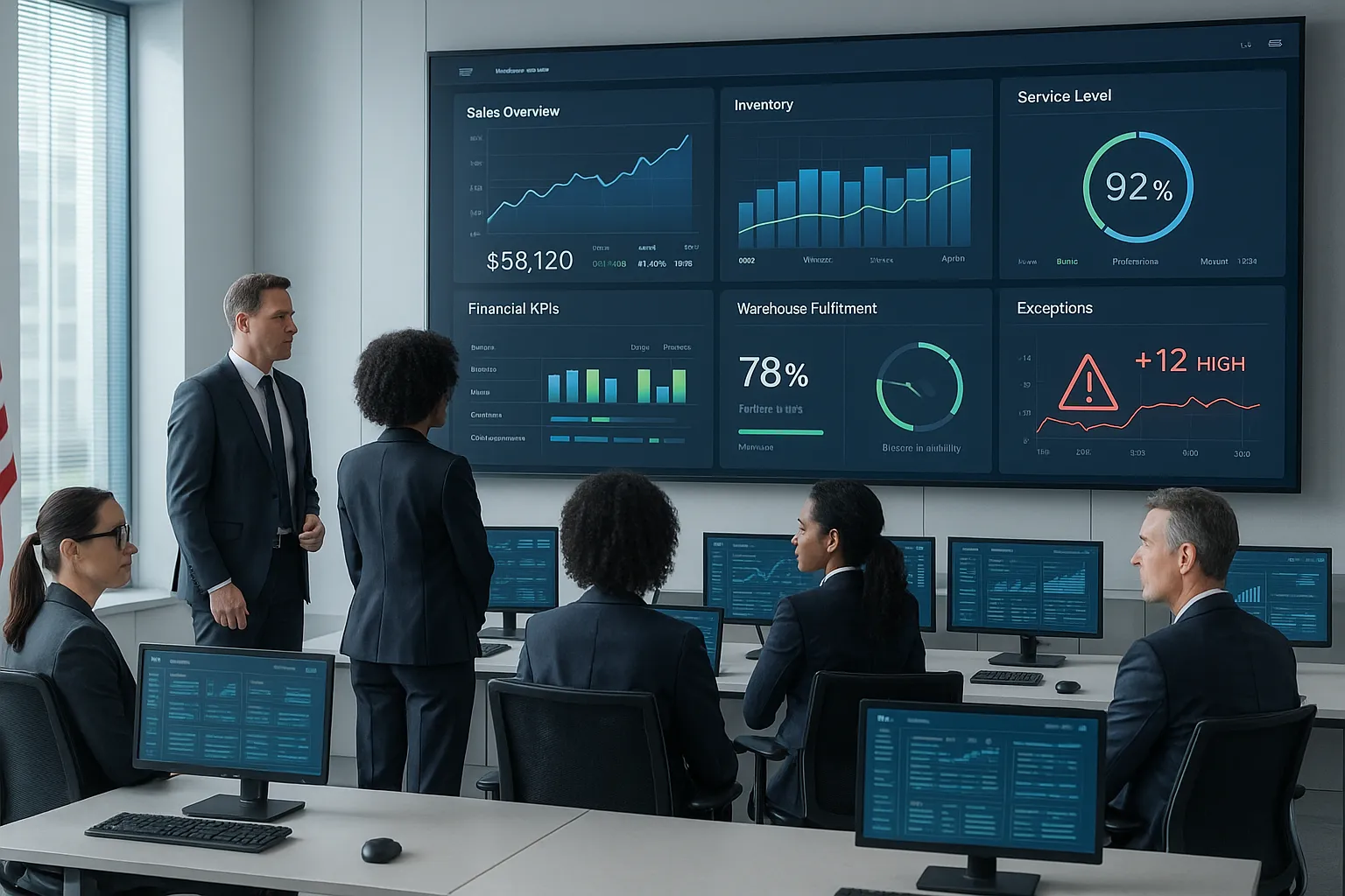 Business team reviewing live KPI dashboards in a modern operations center.