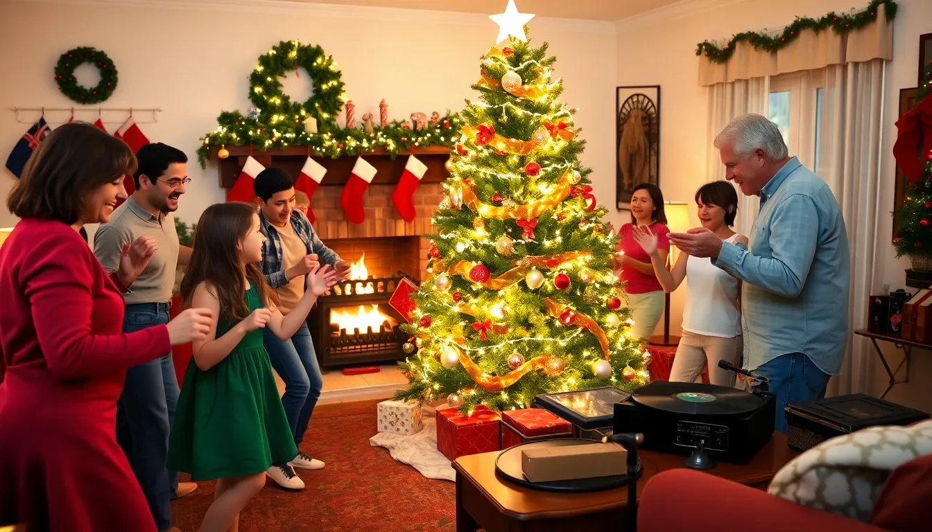 People celebrating around a decorated Christmas tree in a cozy living room.