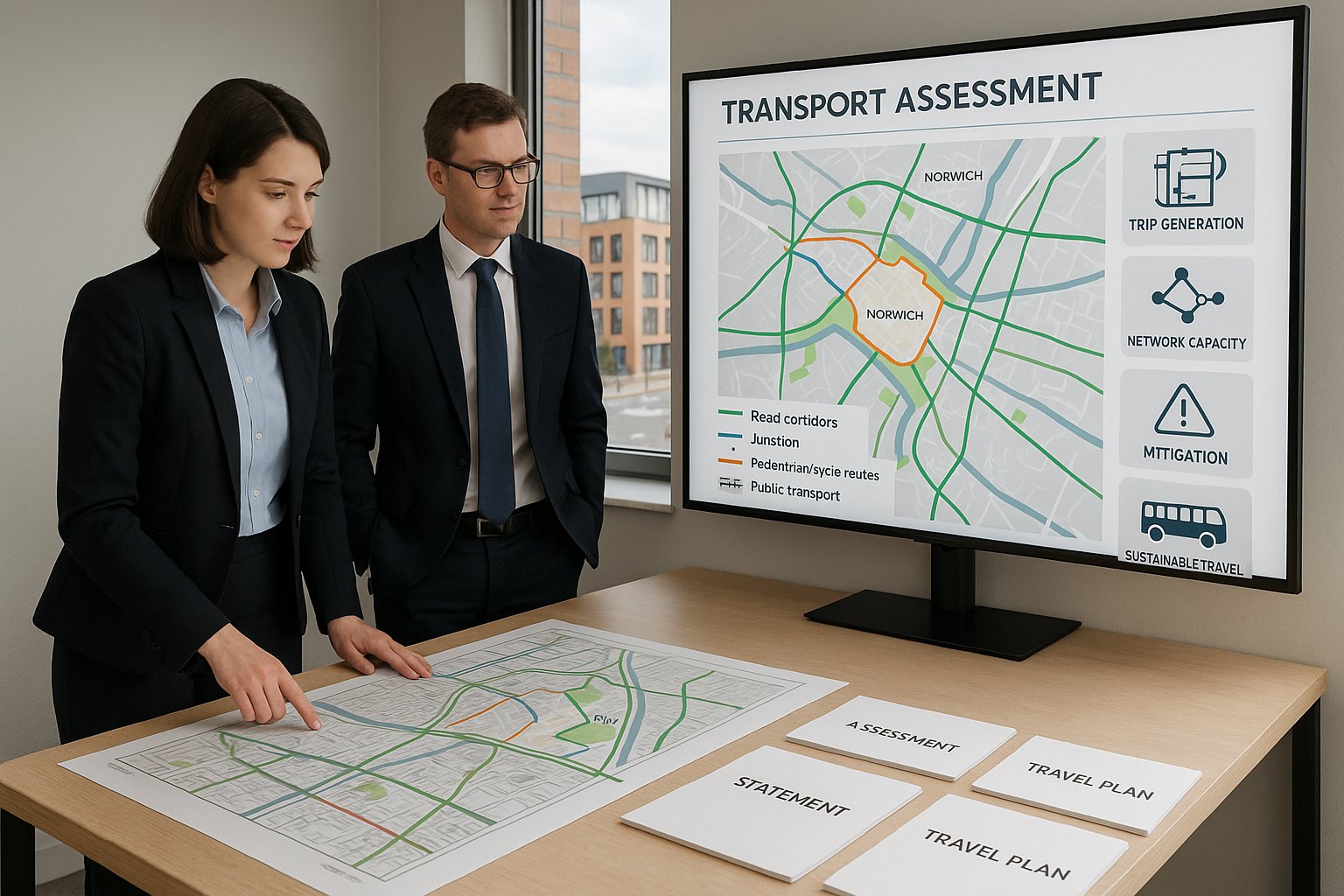 Transport planners reviewing development traffic and travel plan documents in a modern office.