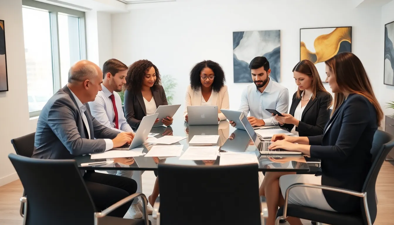 diverse real estate agents collaborating in a modern office.