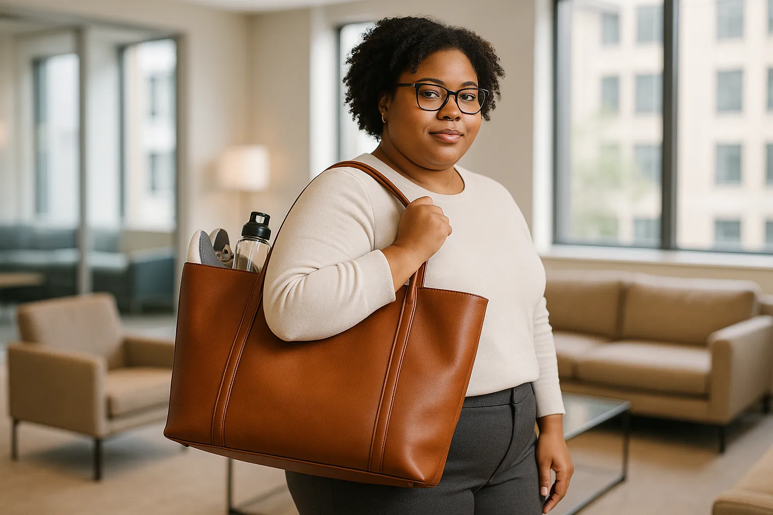 Plus-size woman with a leather tote bag in a modern office lounge.