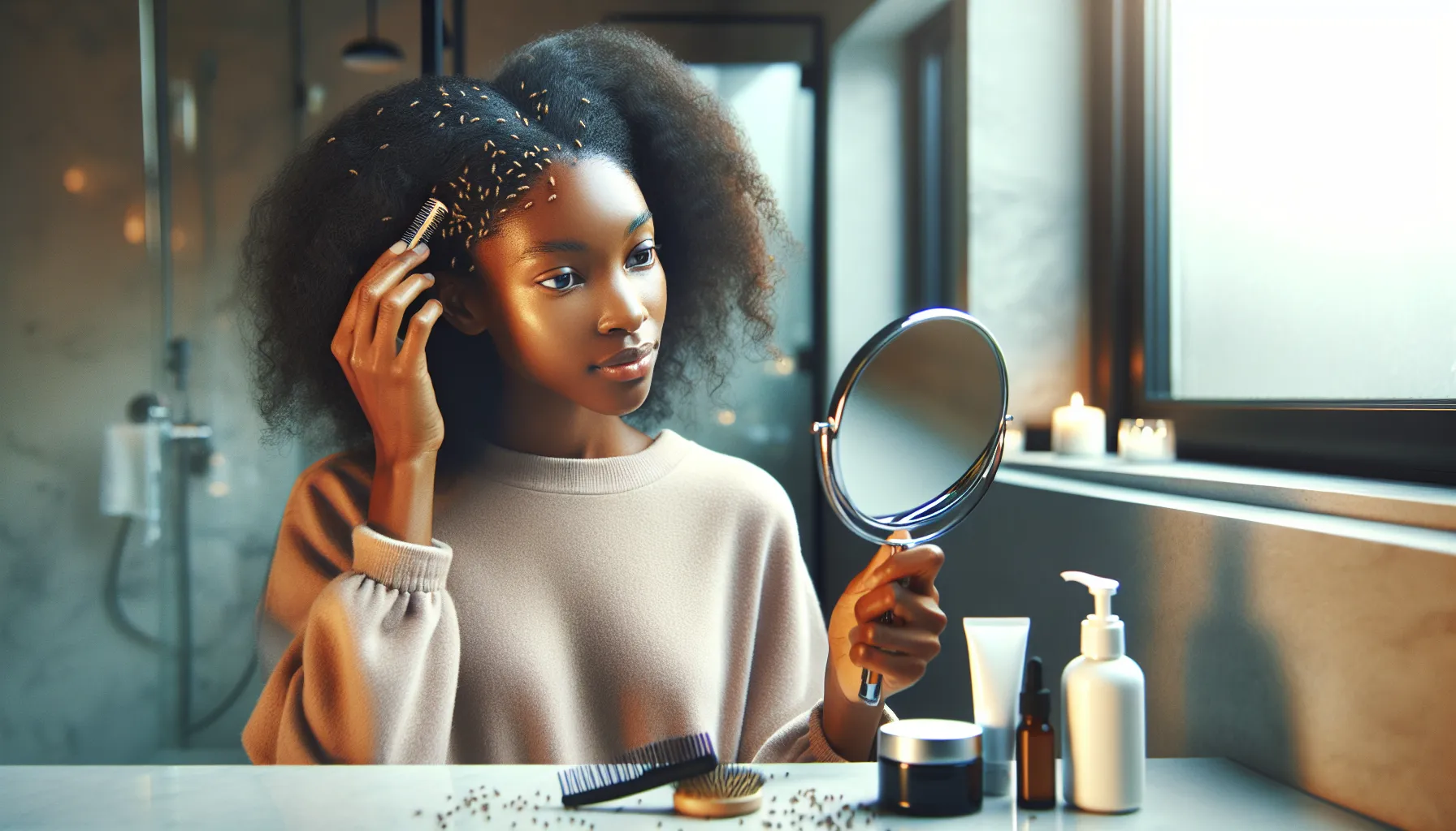 A woman inspecting her scalp for nits and dandruff in a bathroom.