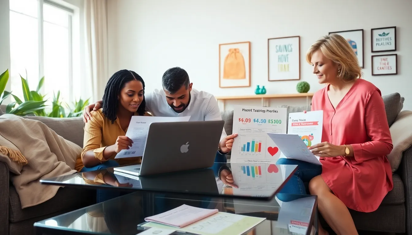 diverse professionals discussing savings goals in a modern living room.