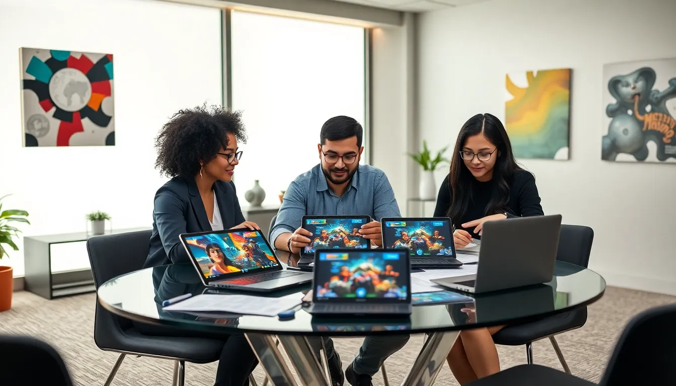 diverse team collaborating in a modern office on game design.