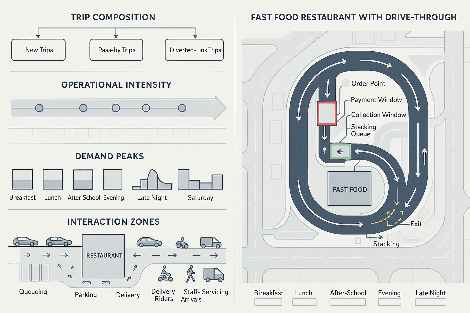 Comparison infographic of standard restaurant and drive-through traffic assessment in the UK.