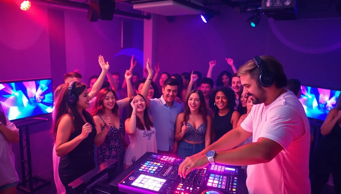 diverse dancers enjoying music in a modern nightclub.