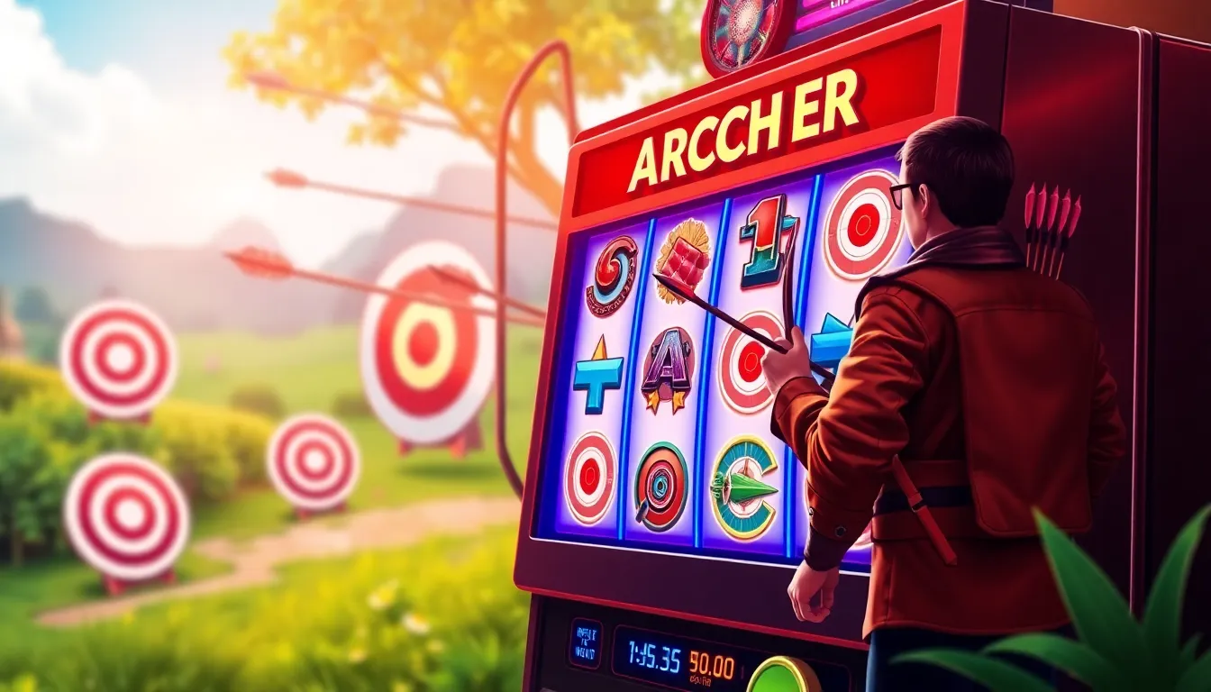 a digital slot machine with archery-themed symbols and vibrant graphics.