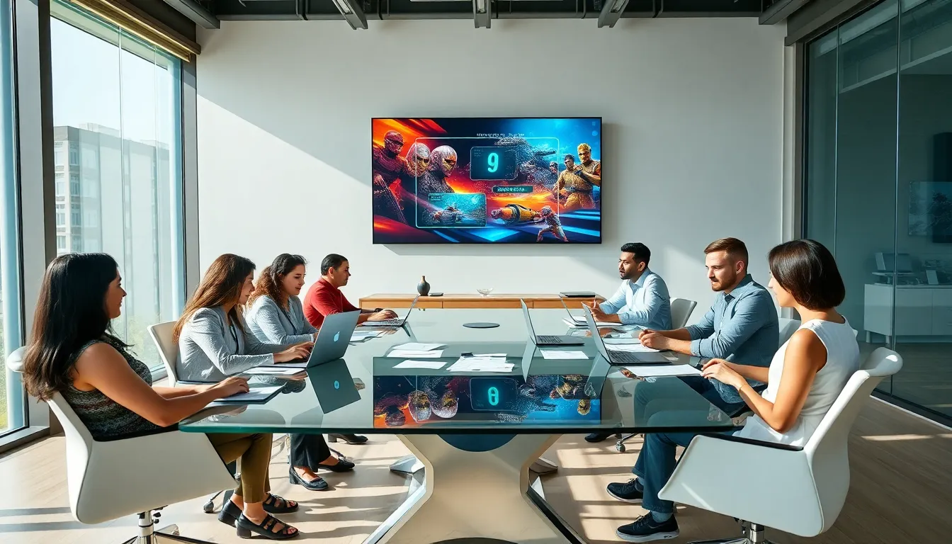 diverse team collaborating in a modern office on gaming projects.