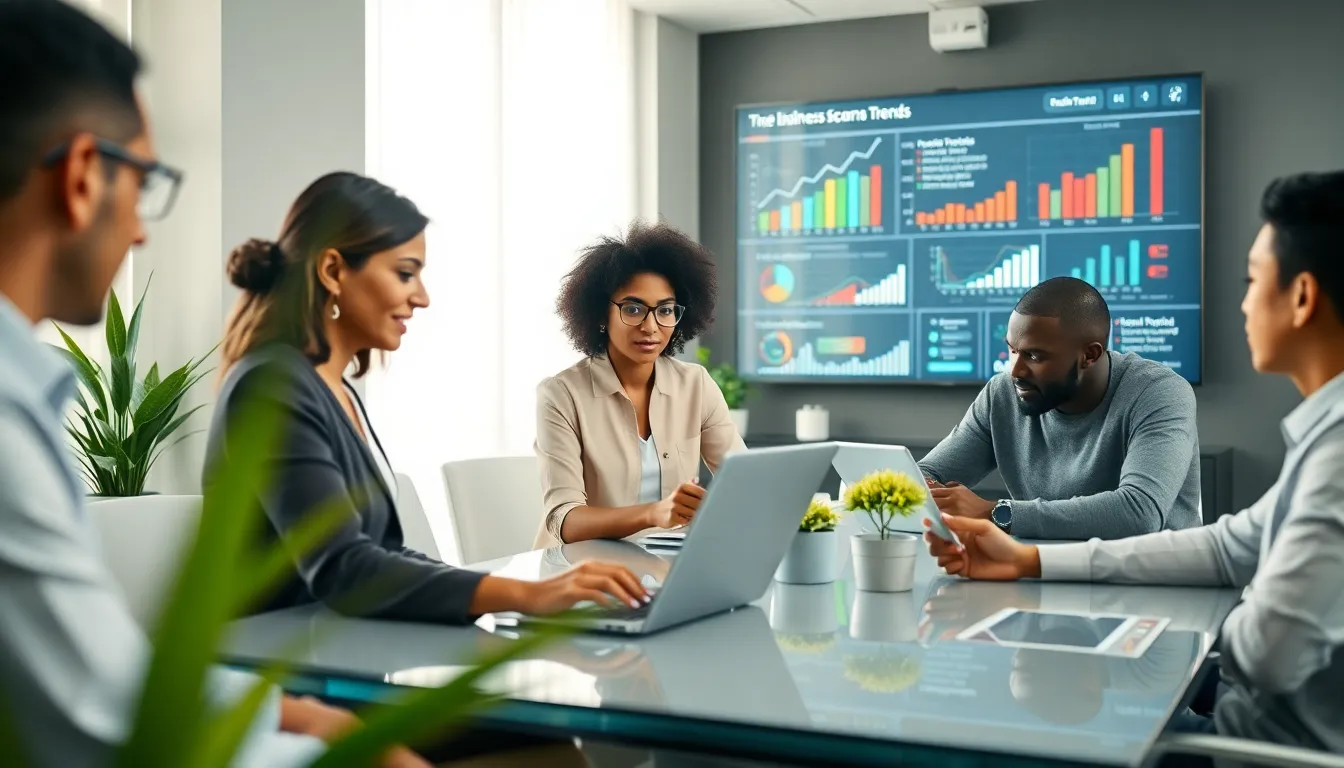 diverse team discussing technology and business trends in a modern office.