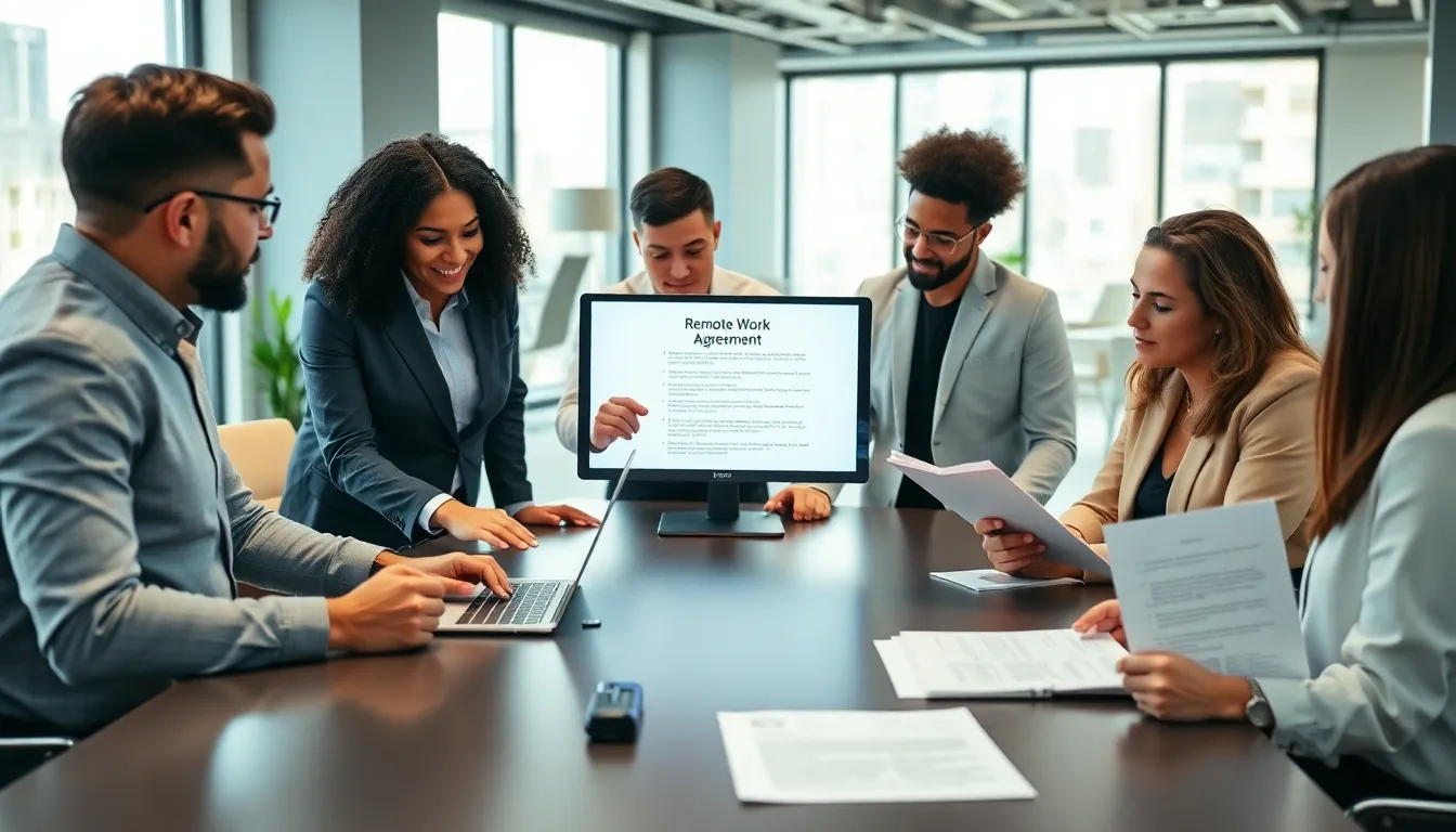 diverse professionals discussing a remote work agreement in a modern office.