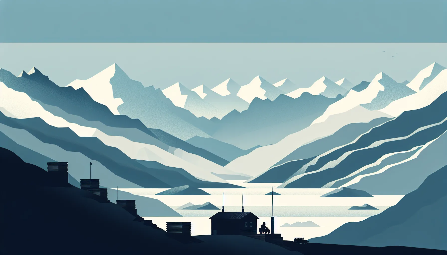 Minimalist Caucasus mountains with military outpost in valley
