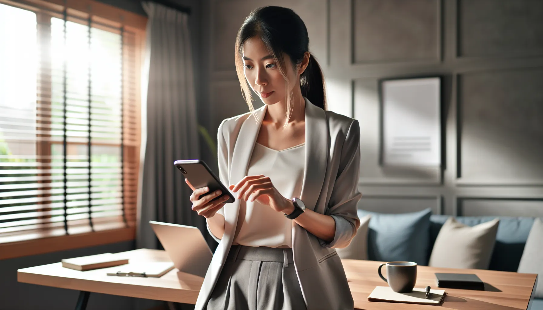 individual cautiously checking phone in a modern home office.