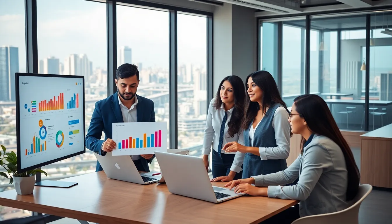 diverse team strategizing in a modern digital marketing workspace.
