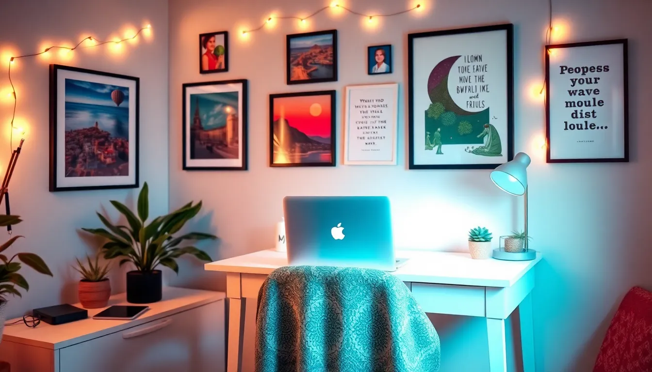 a cozy, stylish home office decorated with personal touches.