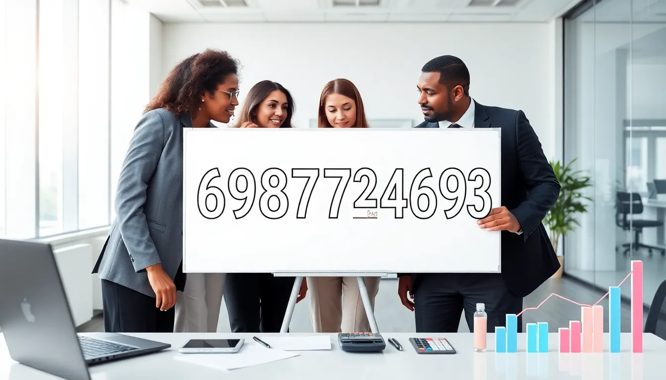 professionals discussing the significance of the number 6987734693 in an office.