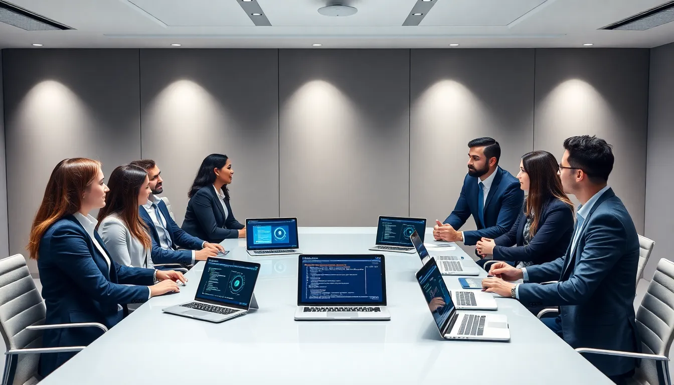 diverse team collaborating on Safe DevOps in a modern office.