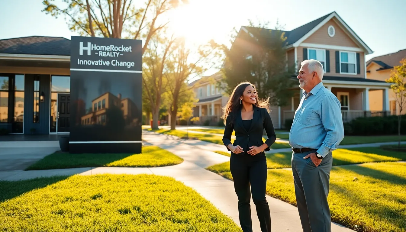 a diverse couple discussing real estate in a sunny suburban street.