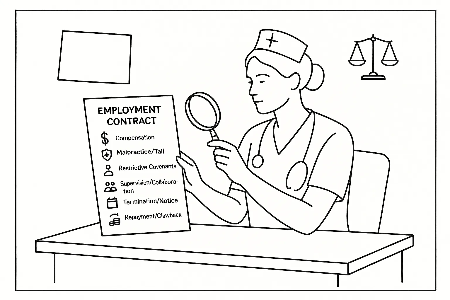 Nurse practitioner reviewing a contract with legal and compensation icons of Wyoming Nurse Practitioner Contract Review.