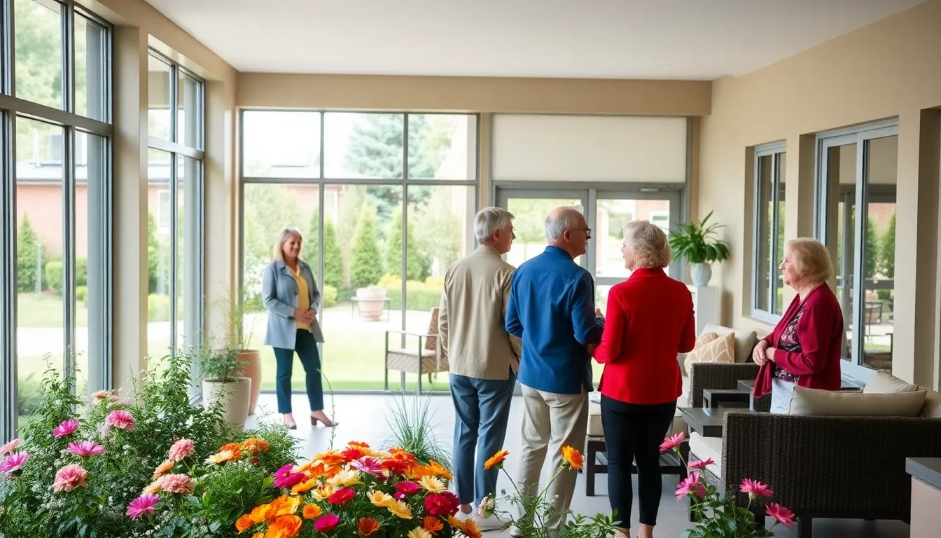 seniors conversing in a welcoming retirement home garden.