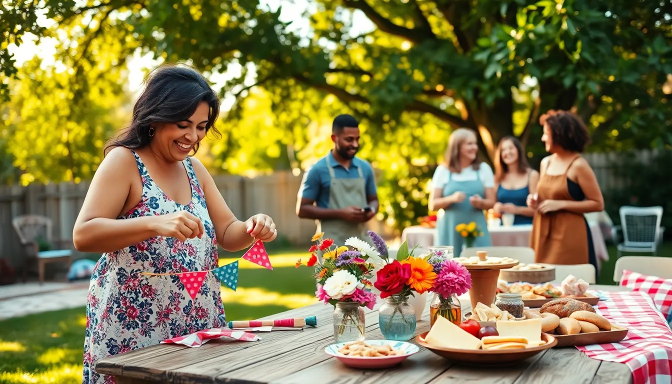 A joyful outdoor gathering with friends celebrating a thrifty event.