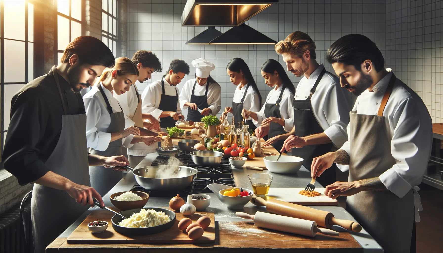 chefs preparing csavchels in a modern kitchen.