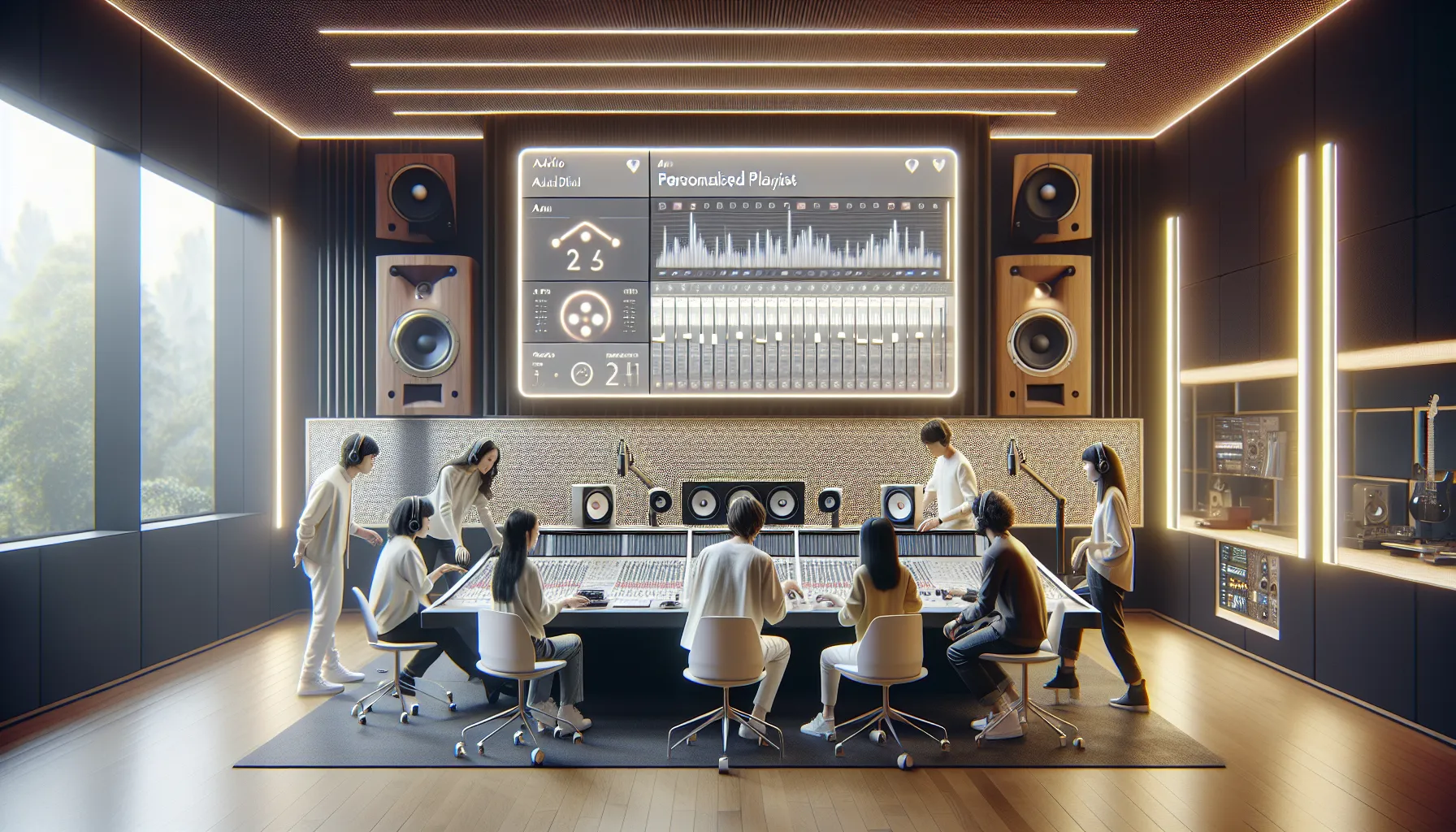 Diverse team collaborating in a modern audio workspace.