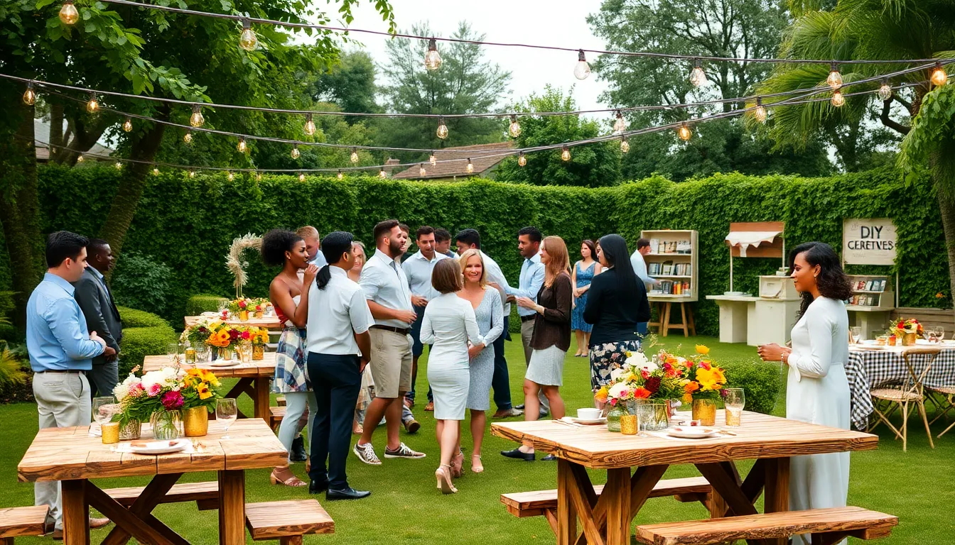 diverse group enjoying a creative outdoor event in a garden.