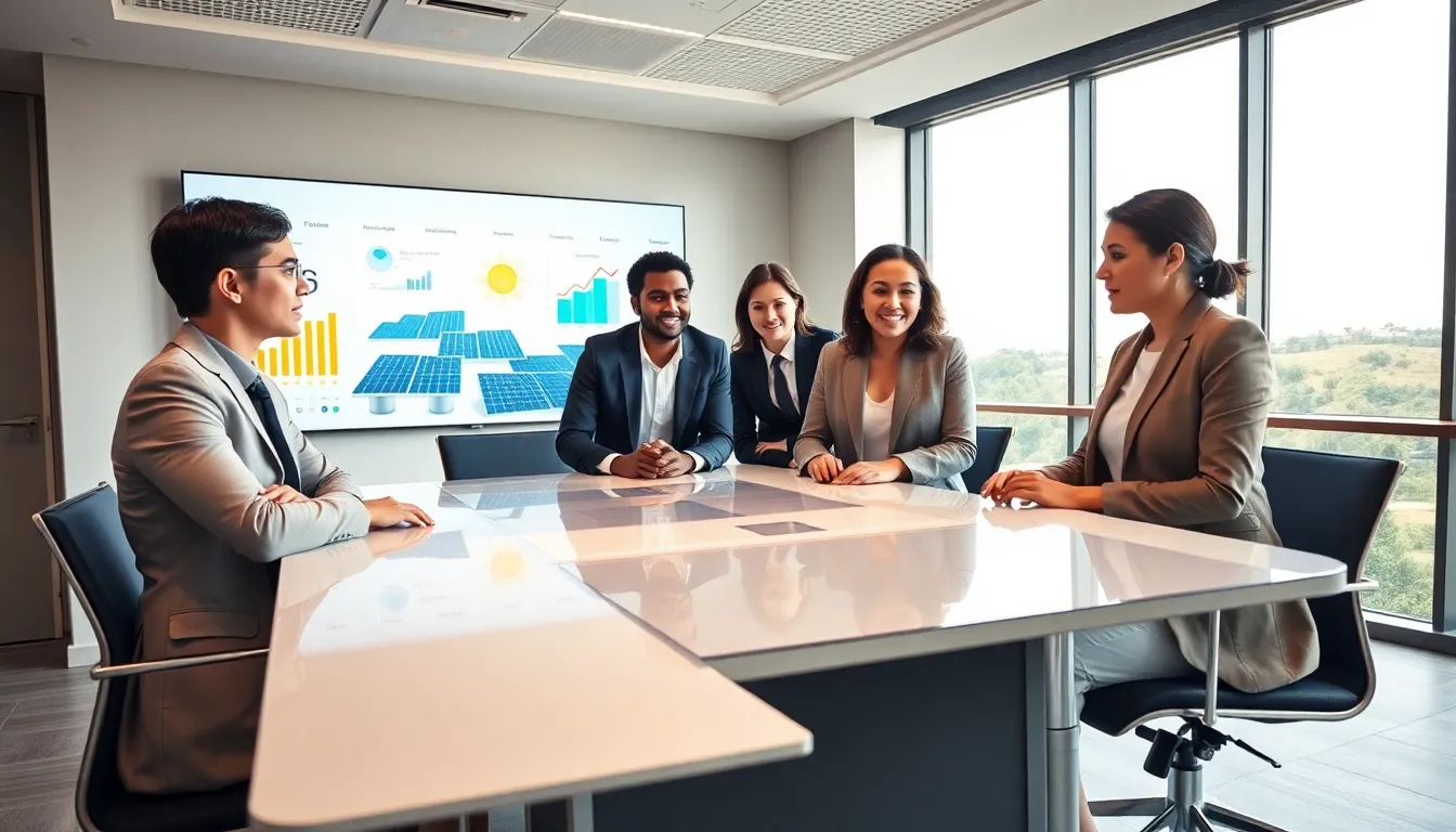 diverse team discussing solar energy solutions in a bright office.