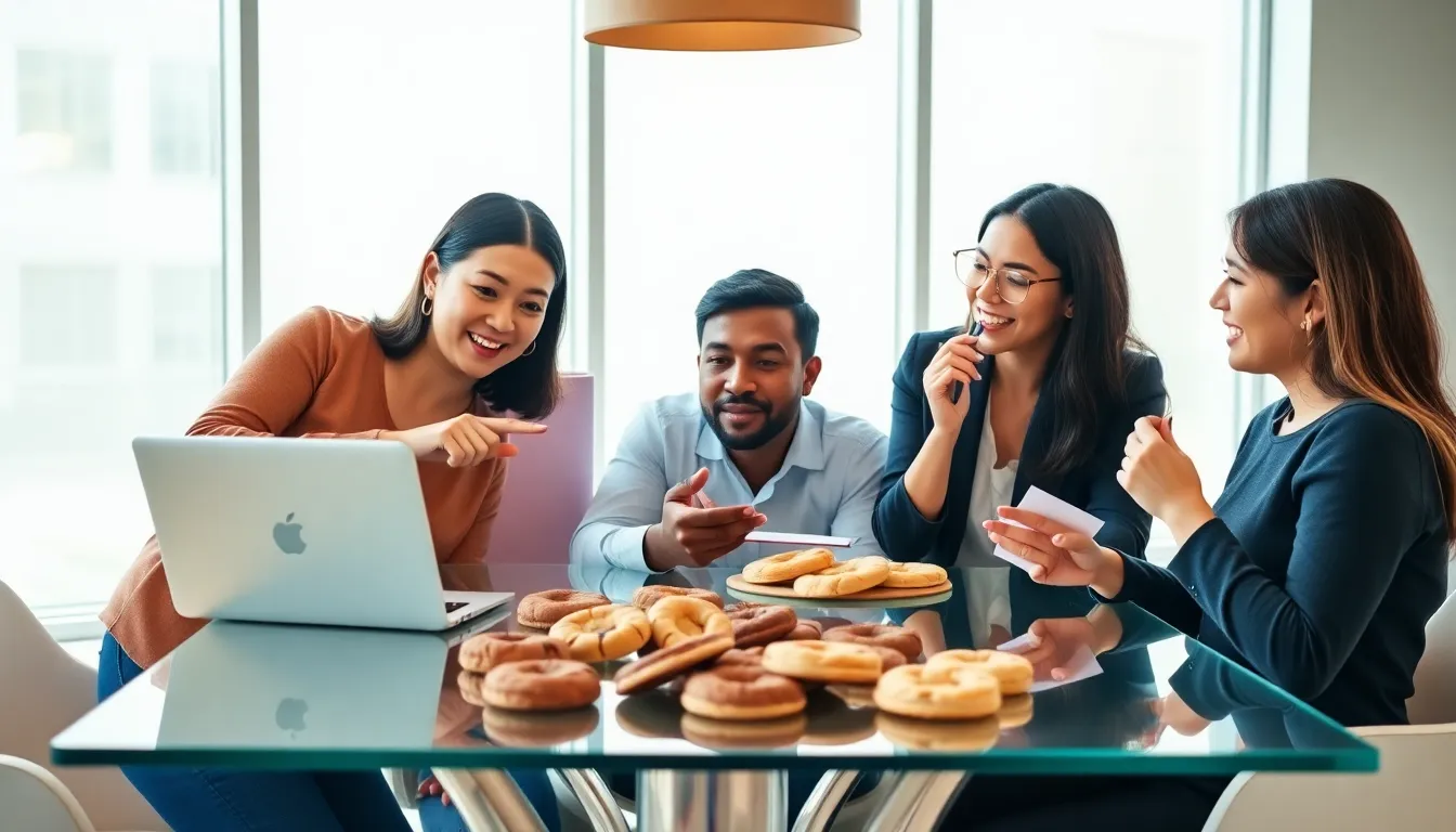 diverse team enjoying gourmet cookies in a modern office setting.