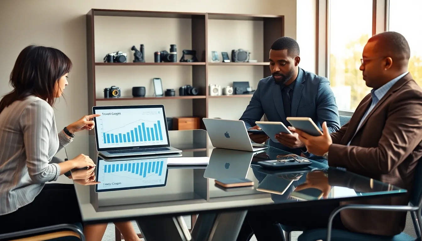diverse team discussing travel gadget insurance in a modern office.