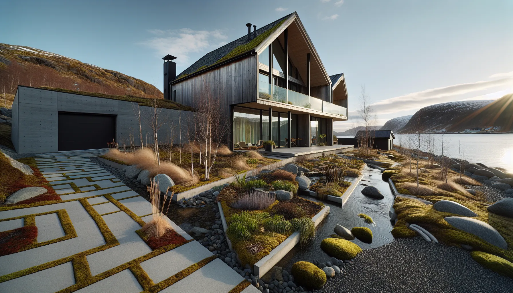Raised norwegian home with swales, rain garden, green roof, and windbreak trees.