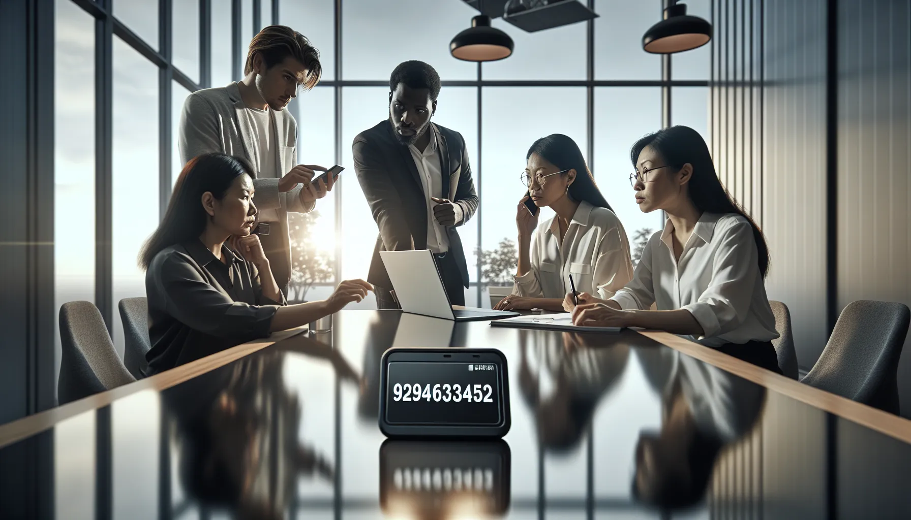 professionals discussing issues related to a phone number in a modern office.