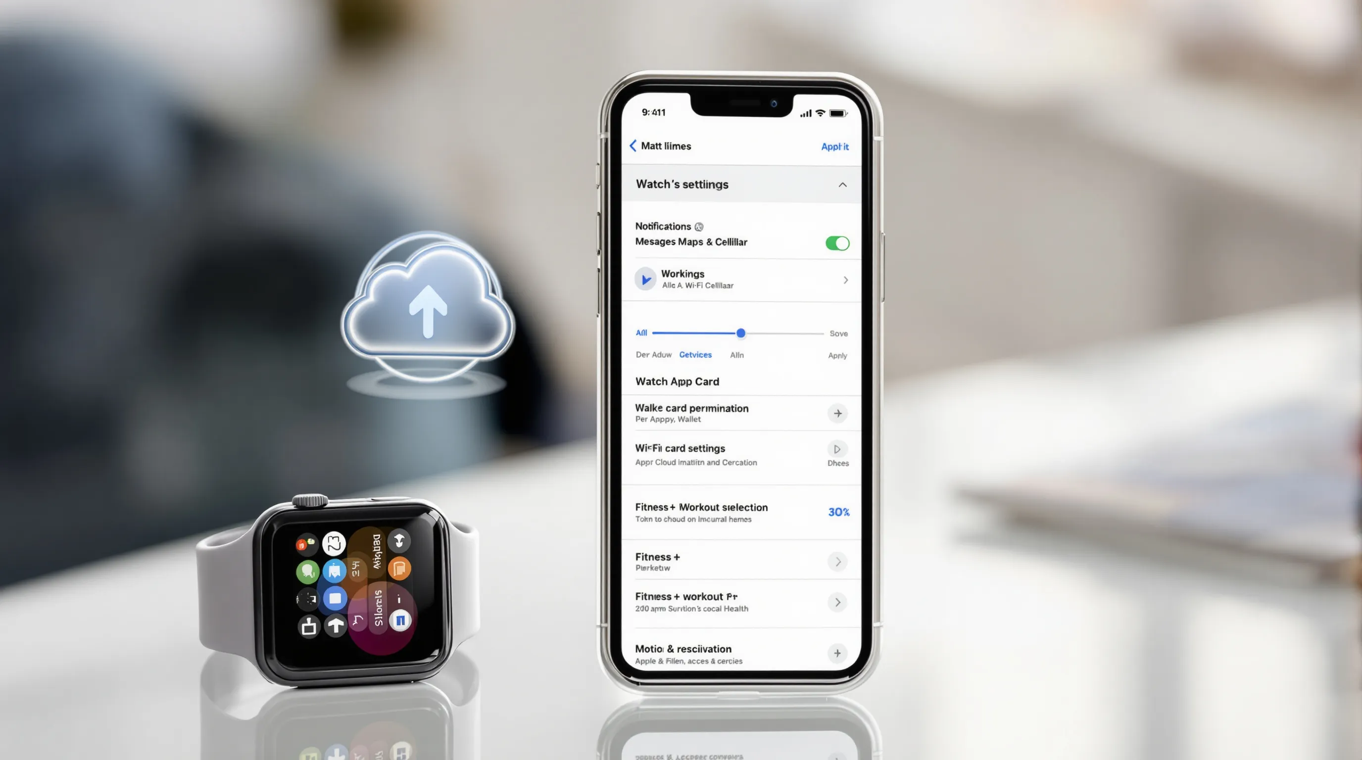 Apple Watch Series 10 with iPhone showing apps, services, and permissions settings.