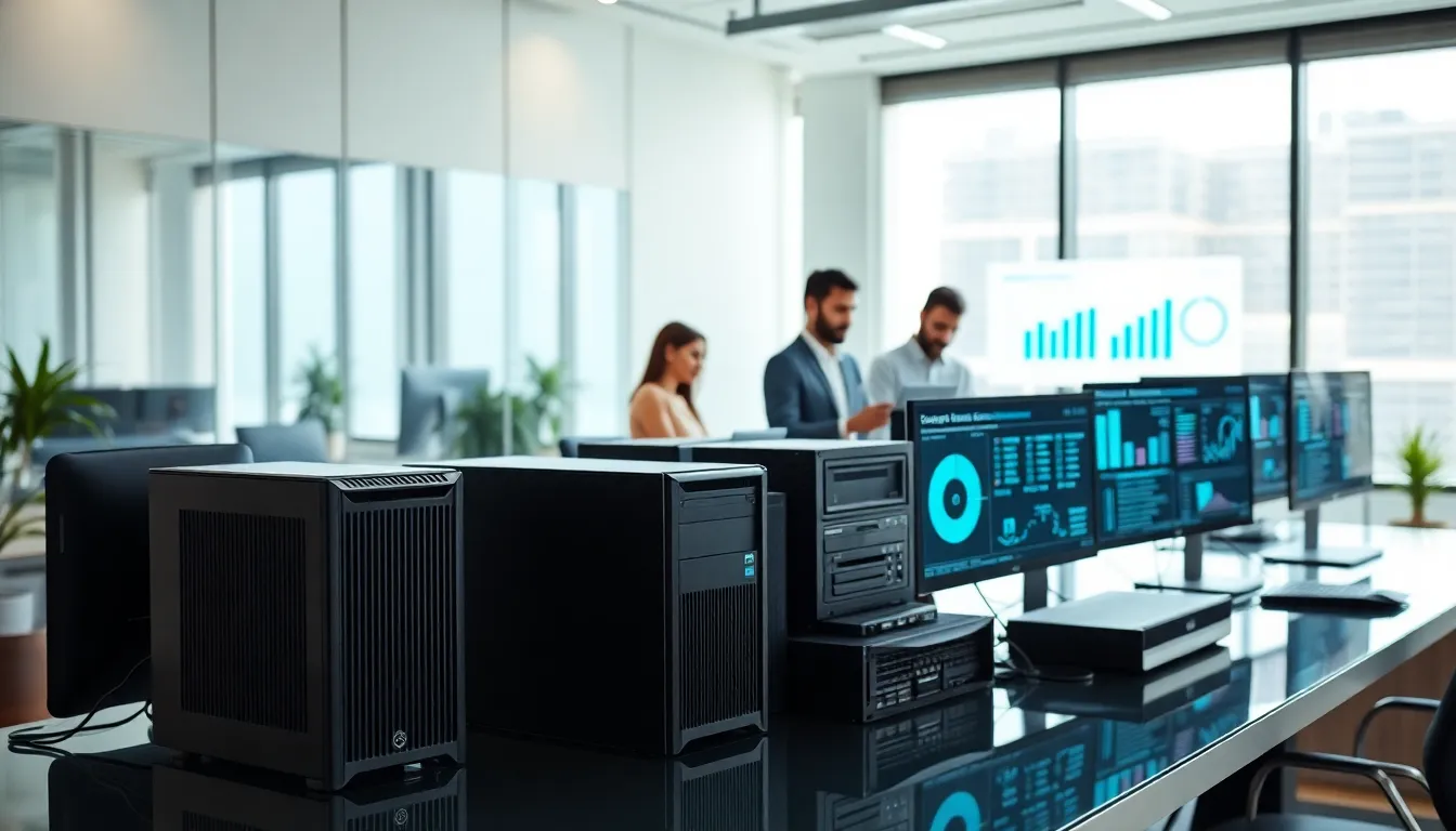 modern office with advanced computer hardware and diverse professionals discussing.