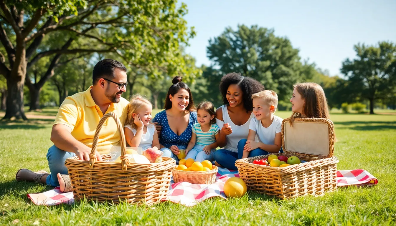 family enjoying a picnic in a sunny park.