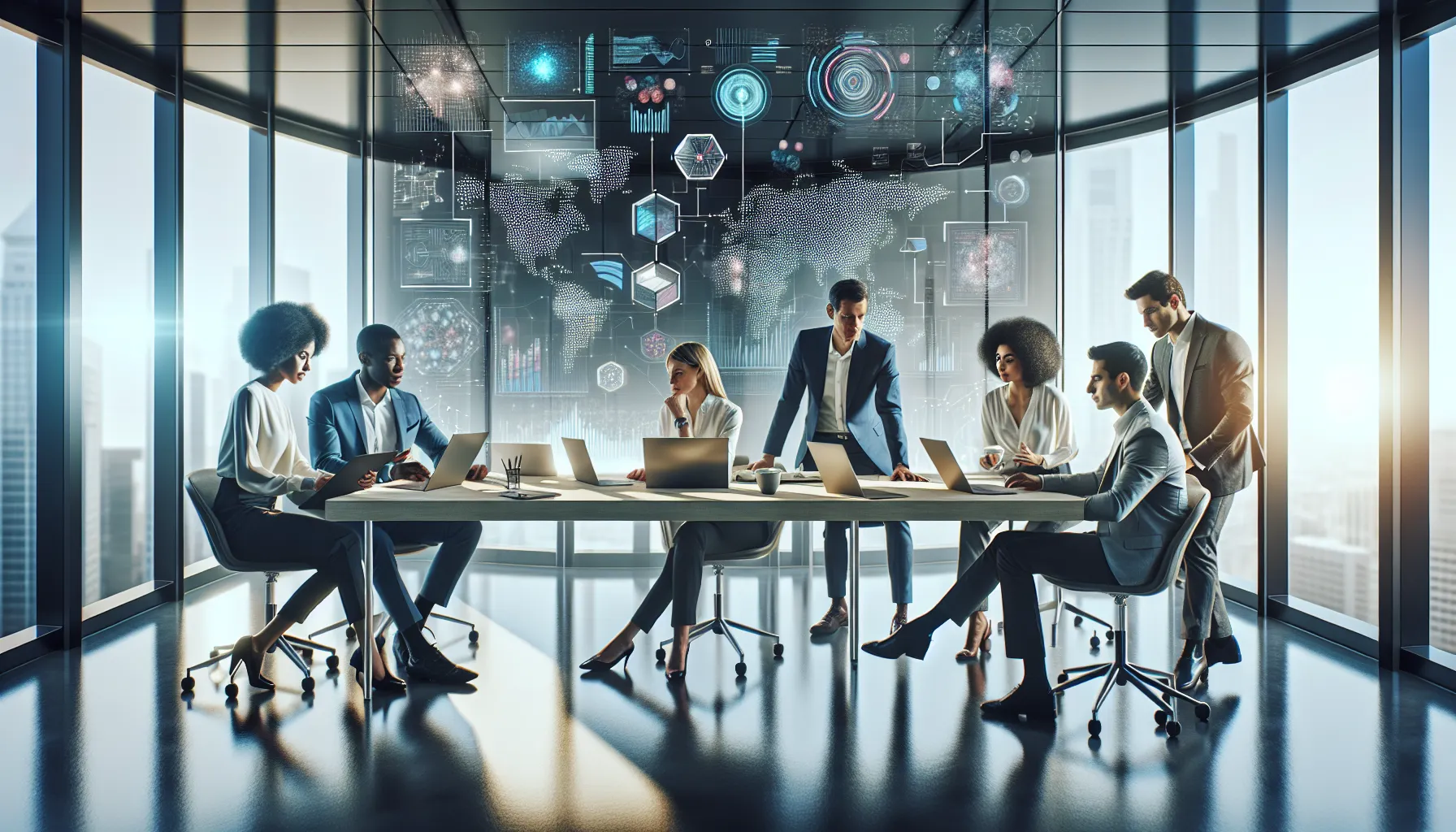 diverse team brainstorming about cbofeos technology in a modern office.