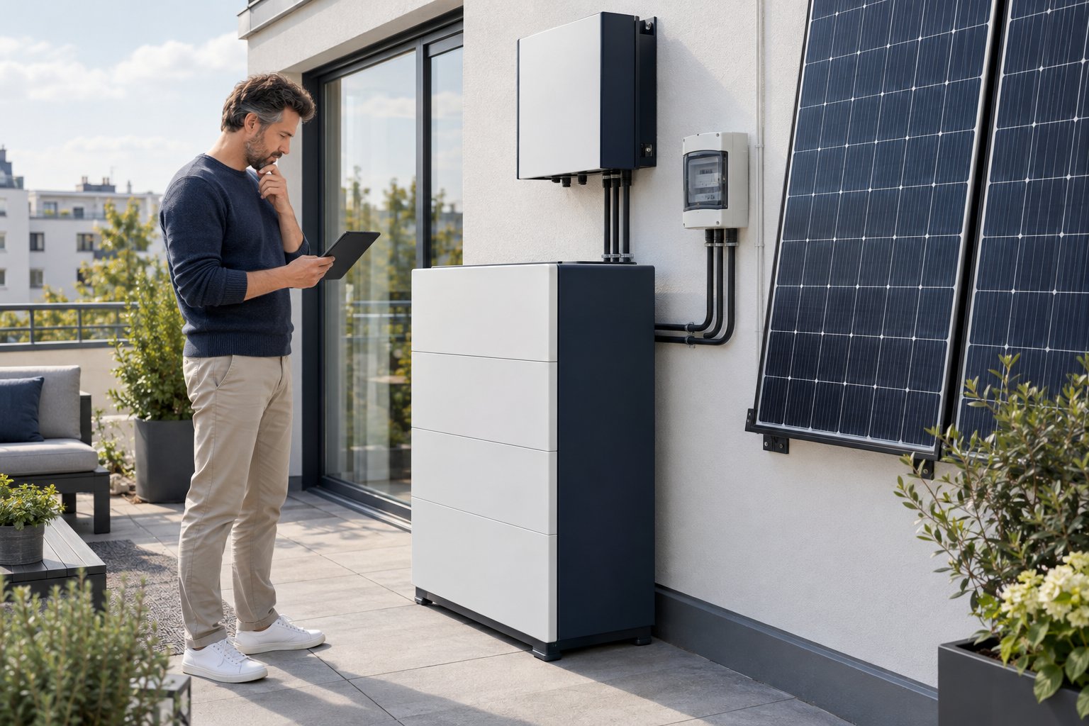 Hausbesitzer prüft Batteriespeicher und Wechselrichter