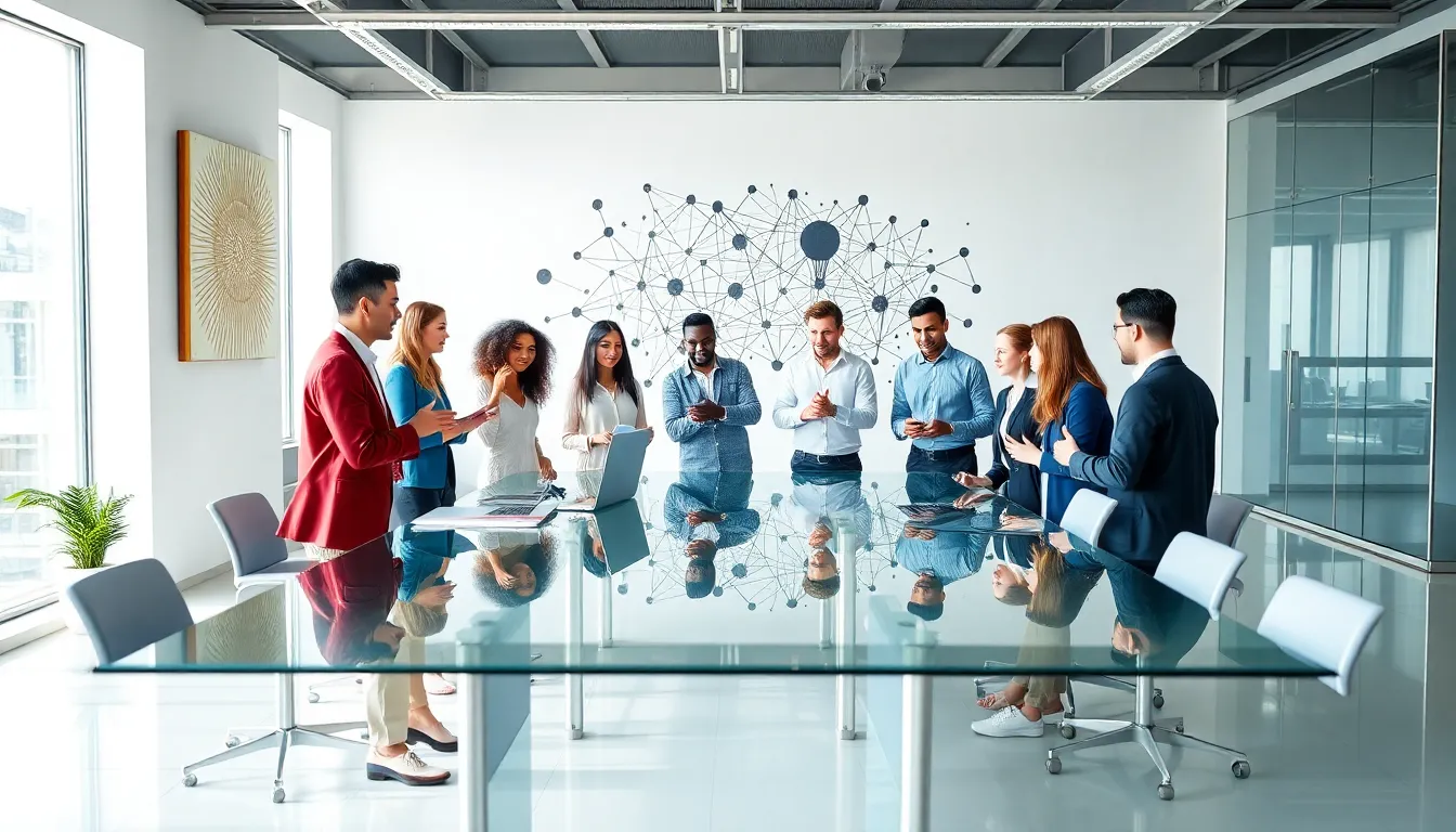 diverse team discussing connectivity in a modern office.