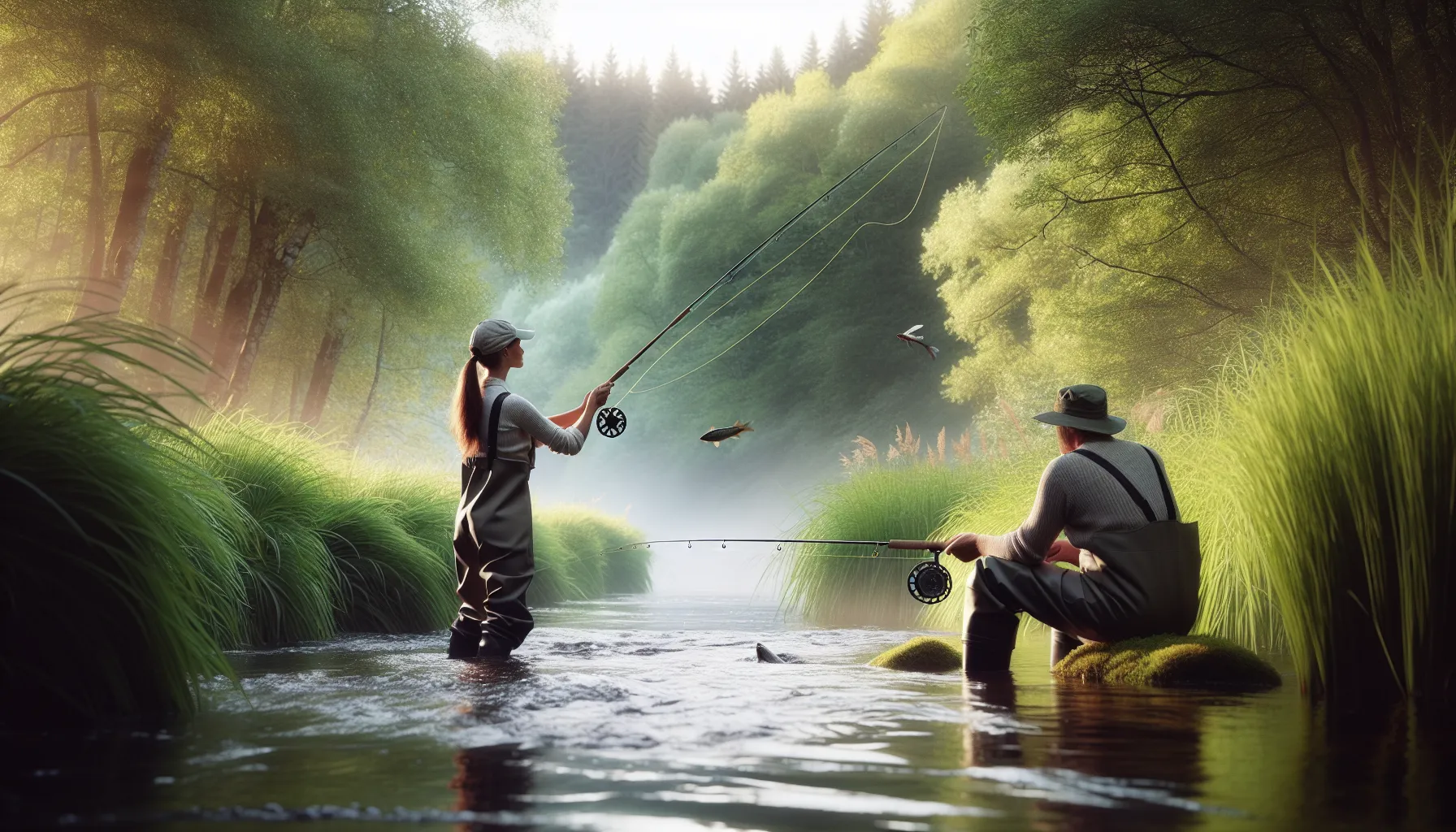 An angler fly fishing in a river near another using bait fishing.