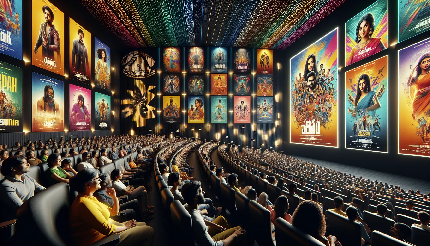 diverse audience enjoying a South Indian film in a modern theater.
