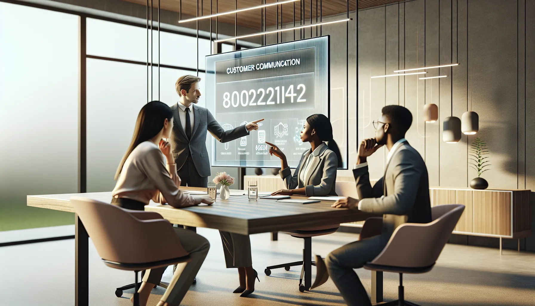 business team discussing customer engagement with toll-free number in a modern office.
