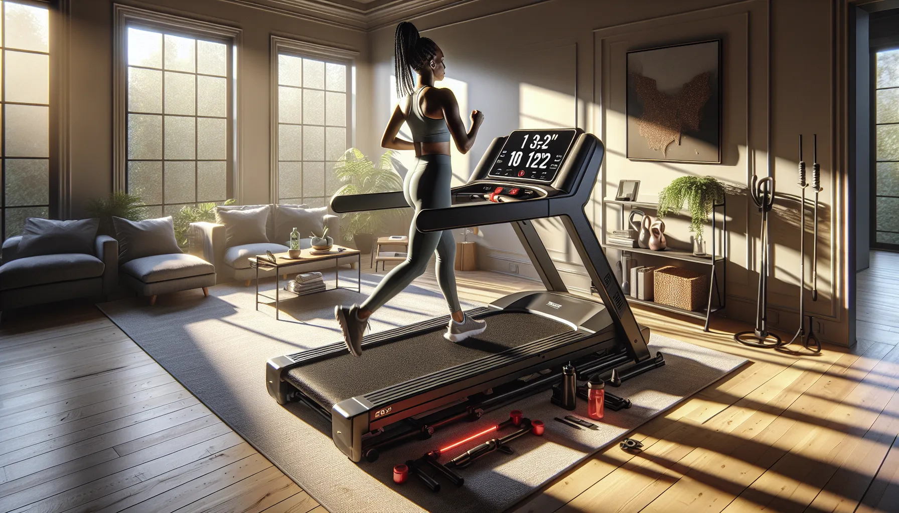 Foldable mid-range treadmill in a bright apartment, woman running at incline.