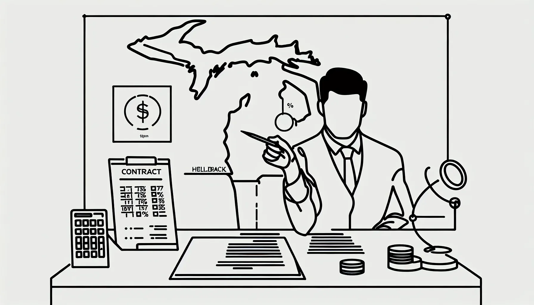 Veterinarian at desk reviewing a compensation contract with financial icons and Michigan outline.